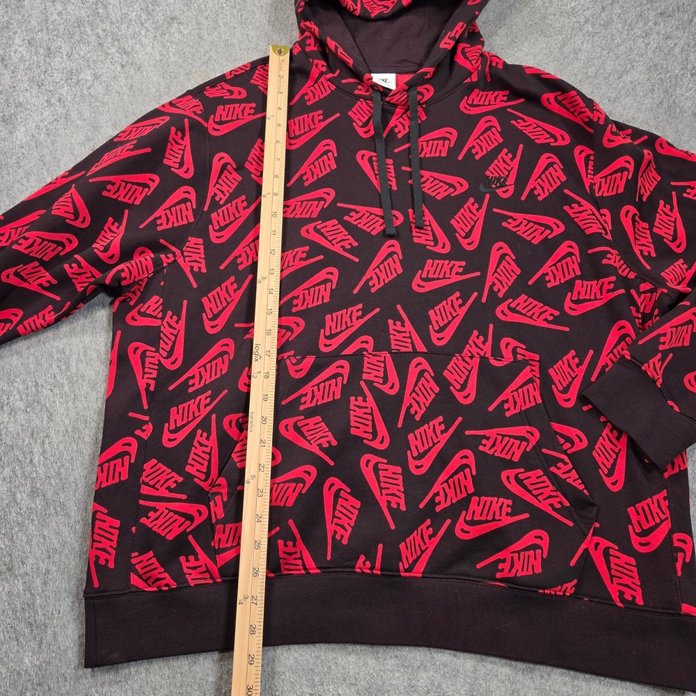 Nike Sportswear Club Hoodie Mens XL Black Red All Over Print Fleece Pullover - Picture 5 of 9